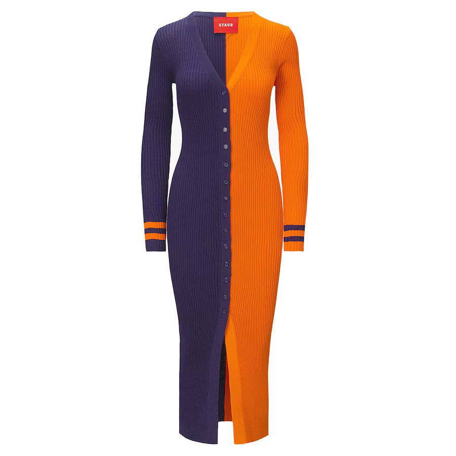Women's Chicago Bears STAUD Navy/Orange Shoko Knit Button-Up Sweater Dress | NFL Shop
