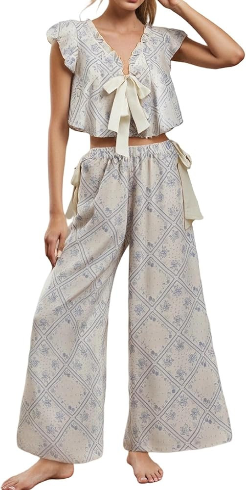 Aonoapll Women Floral 2 Piece Pajamas Tie Front V Neck Babydoll Crop Tank Top Wide Leg Pants Loun... | Amazon (US)