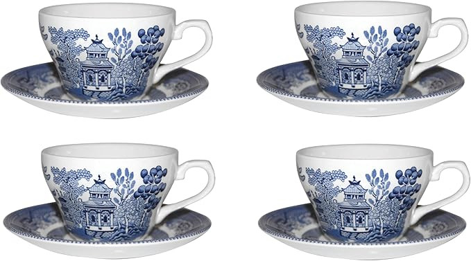 Churchill Blue Wollow 4 Teacup and 4 Saucer Set, Made in England | Amazon (US)