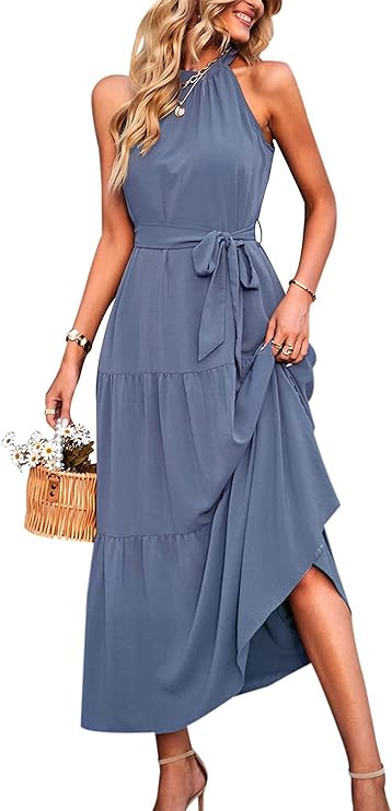 PRETTYGARDEN Women's Summer Floral Maxi Sun Dress Sleeveless Halter Neck Flowy Ruffle Hem Long Bo... | Amazon (US)