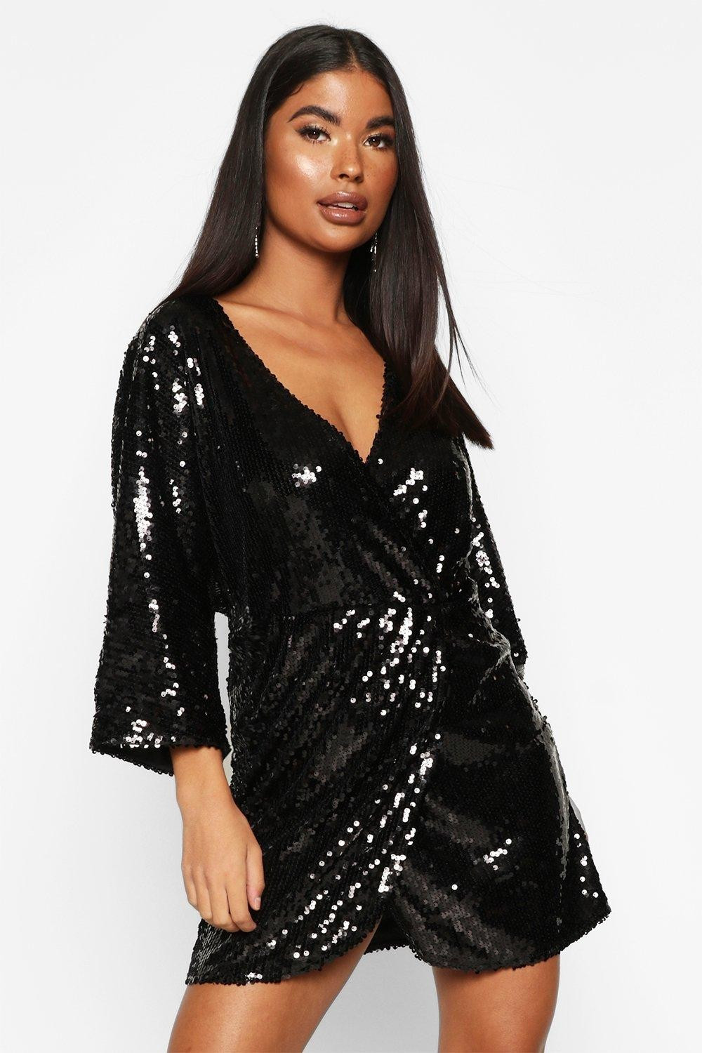Womens Petite Drape Wrap Sequin Dress - Black - 0 | Boohoo.com (US & CA)