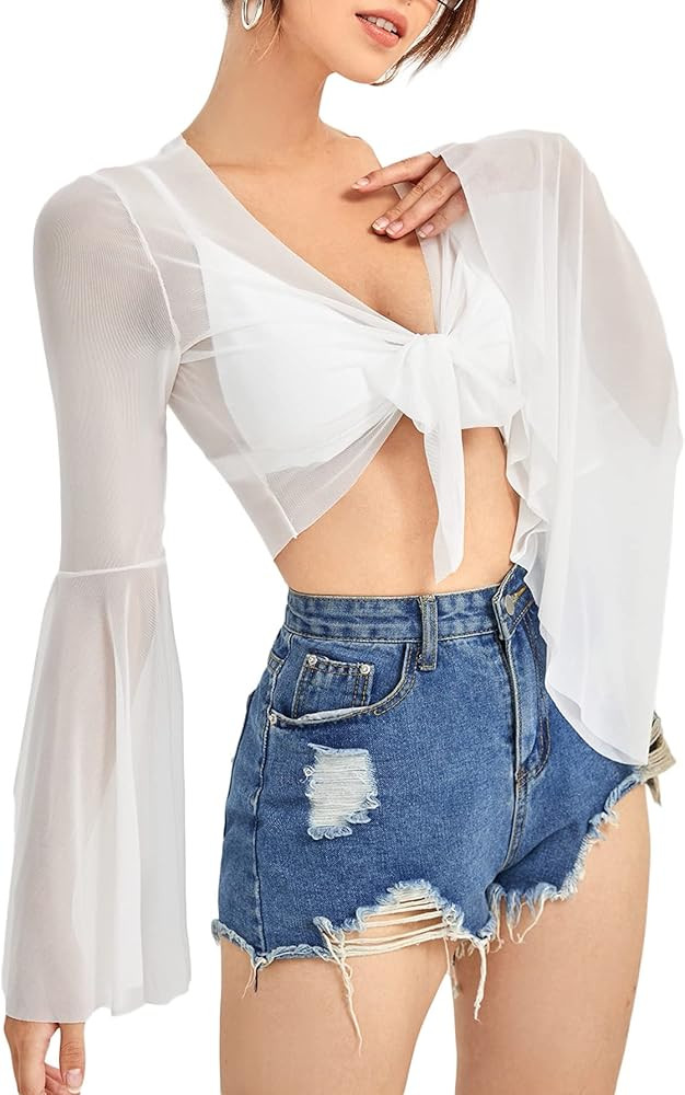 Verdusa Women's Tie Front Bell Long Sleeve Blouse Sheer Mesh Crop Top | Amazon (US)