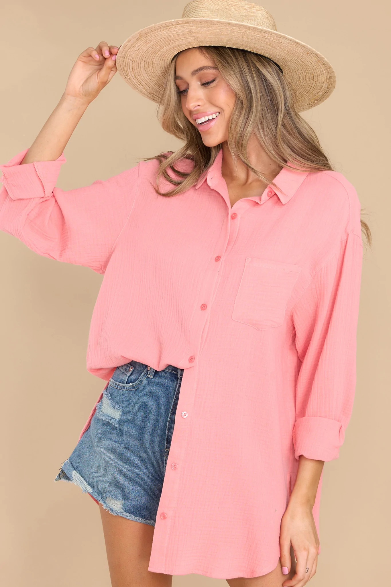 The Grass Is Greener Coral Gauze Top | Red Dress 