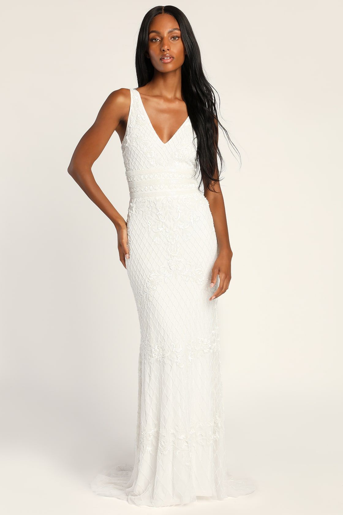 Simple Romance White Beaded Sequin Mermaid Maxi Dress | Lulus (US)