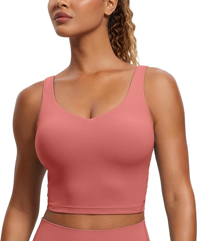 CRZ YOGA Butterluxe Womens V Neck Longline Sports Bra - U Back Padded Crop Workout Tank Tops with... | Amazon (US)
