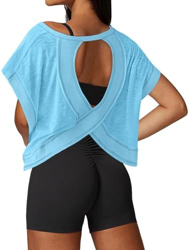 UNIANKIYA Open Back Workout Tops for Women Loose Fit Athletic Crop Tee Short Sleeve Gym Running Y... | Amazon (US)