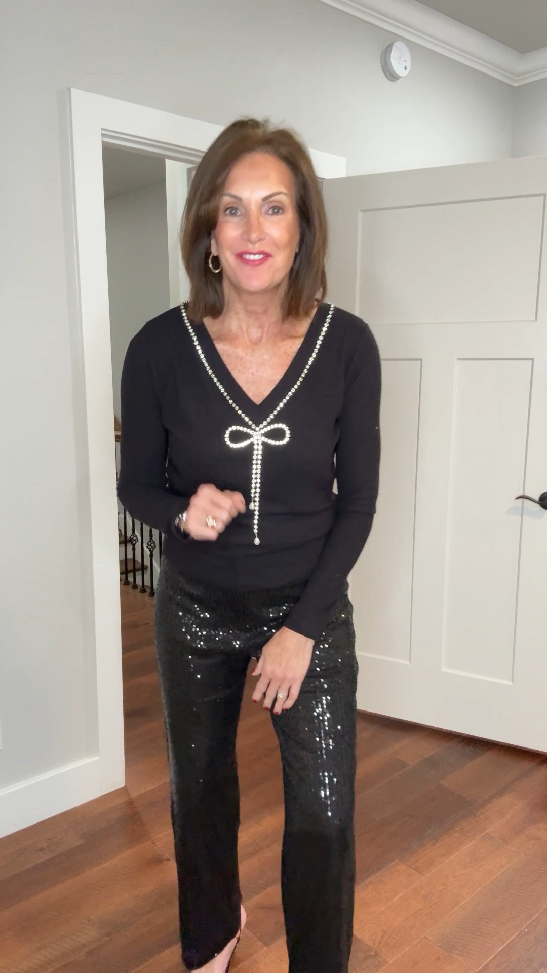 Rhinestone bow reversible sweater - M (I think I would go up to a large)
Sequin pants - size 8

Holiday style Christmas style
Party style 
New Year’s Eve style 

#LTKTall #LTKMidsize #LTKHoliday