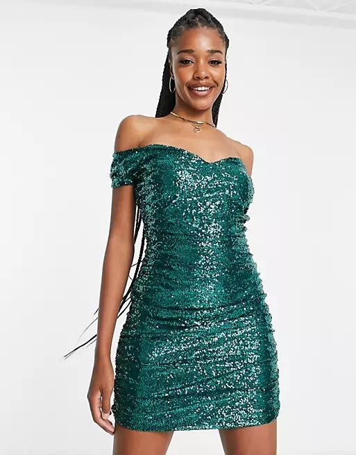 In The Style Tall exclusive sequin off shoulder mini dress in emerald green | ASOS (Global)