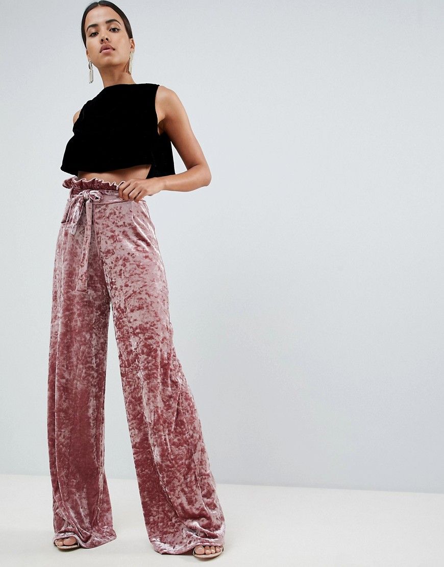 In The Style Sarah Ashcroft crushed velvet paperbag waist pants - Pink | ASOS US