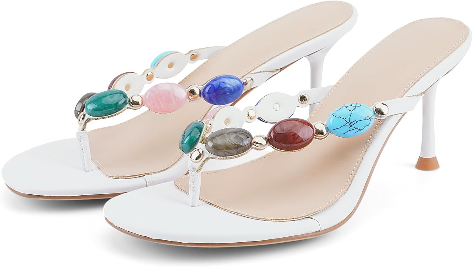 Flip Flop Heels for Women Thong Heels Round Open Toe Jeweled Sandals Summer Heeled Mules Fashion ... | Amazon (US)
