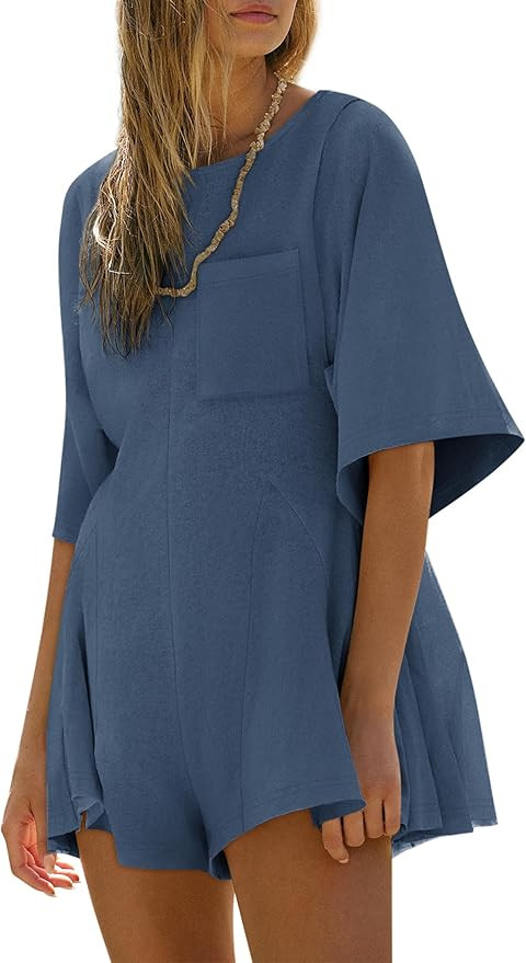Yousify Rompers for Women 2025 Spring Outfits Summer Casual Short Sleeve Crew Neck Loose Jumpsuit... | Amazon (US)