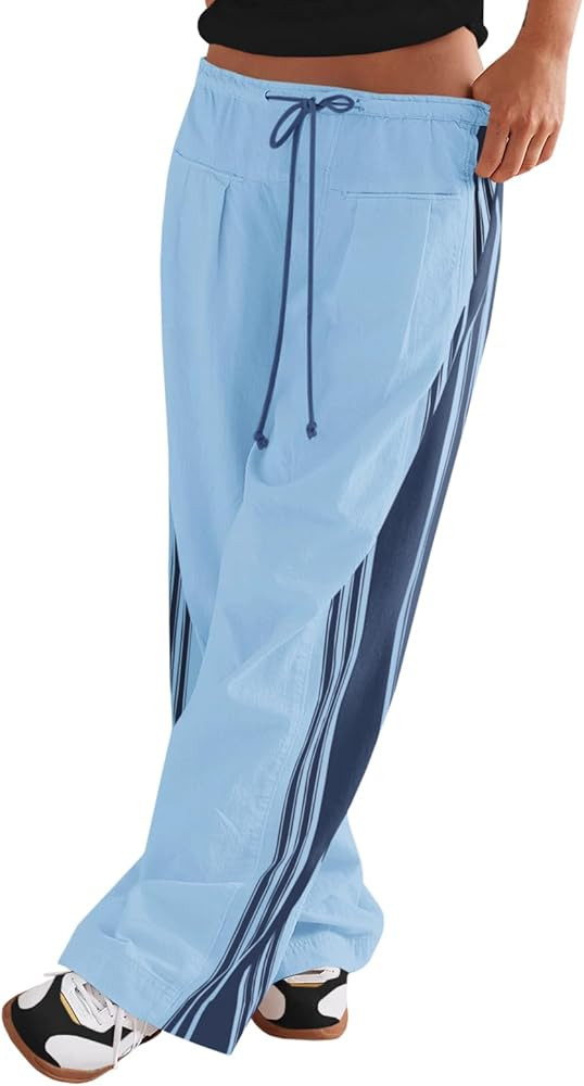 Fisoew Womens Wide Leg Pants Drawstring High Waisted Striped Baggy Palazzo Track Pants with Pocke... | Amazon (US)
