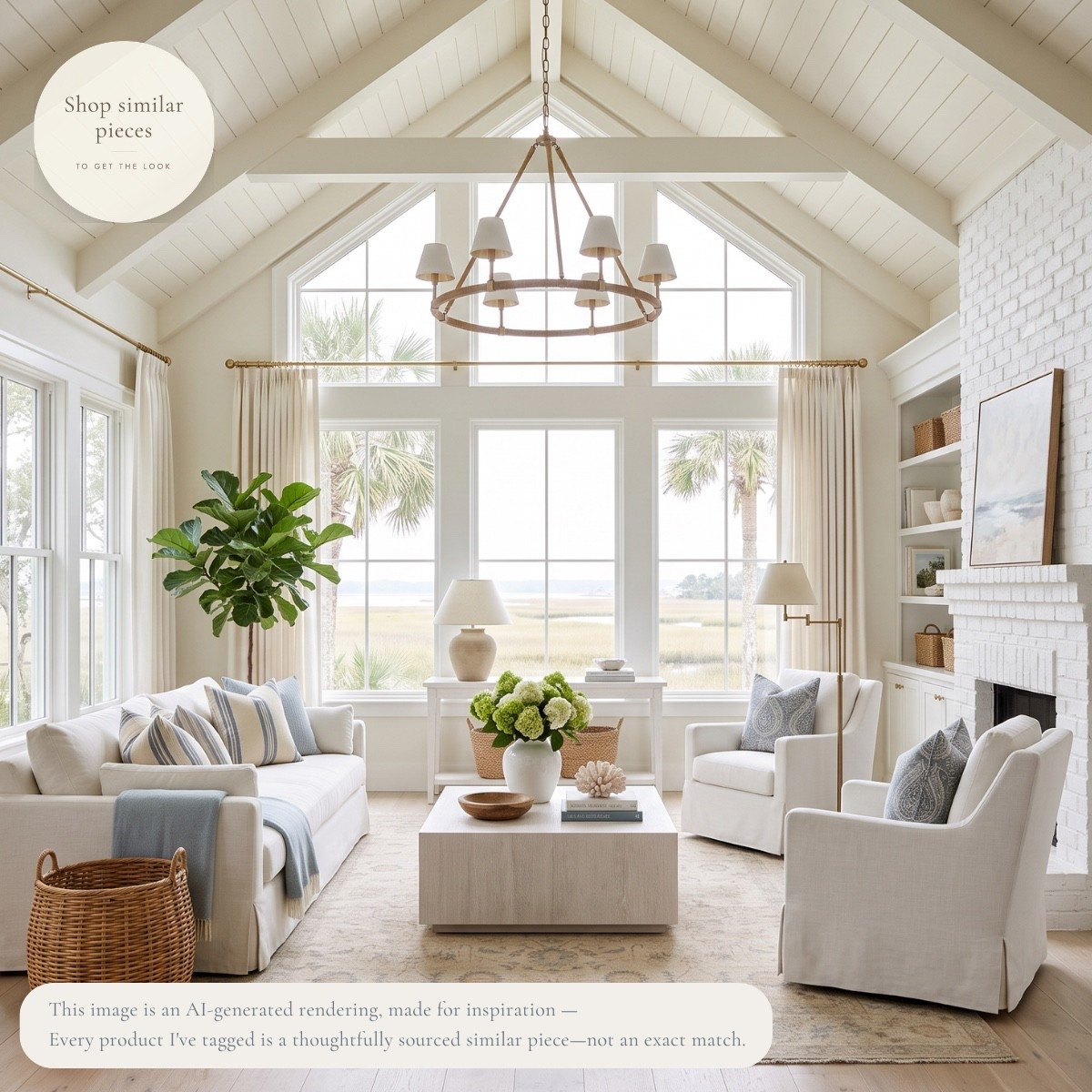 Vaulted ceilings, walls of windows, and soft coastal blues make this living room feel bright, relaxed, and effortlessly timeless. Designed to let natural light take center stage, every thoughtfully sourced similar piece was chosen to capture the same airy, collected feel. I hope it inspires you to create a space you love. 🤍

AI-generated design concept for inspiration • Tagged products are thoughtfully sourced similar pieces, not exact matches • Affiliate links may be used. As an Amazon Associate, I earn from qualifying purchases.

#LTKHome