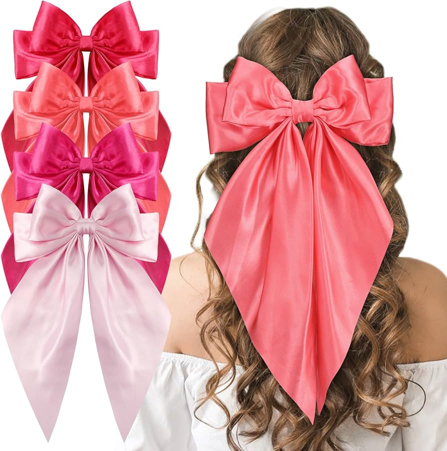 Large Pink Oversized Hair Bows, 4 Pack Satin Ribbons and Long Tail Barrettes - Cute Hair Accessor... | Amazon (US)