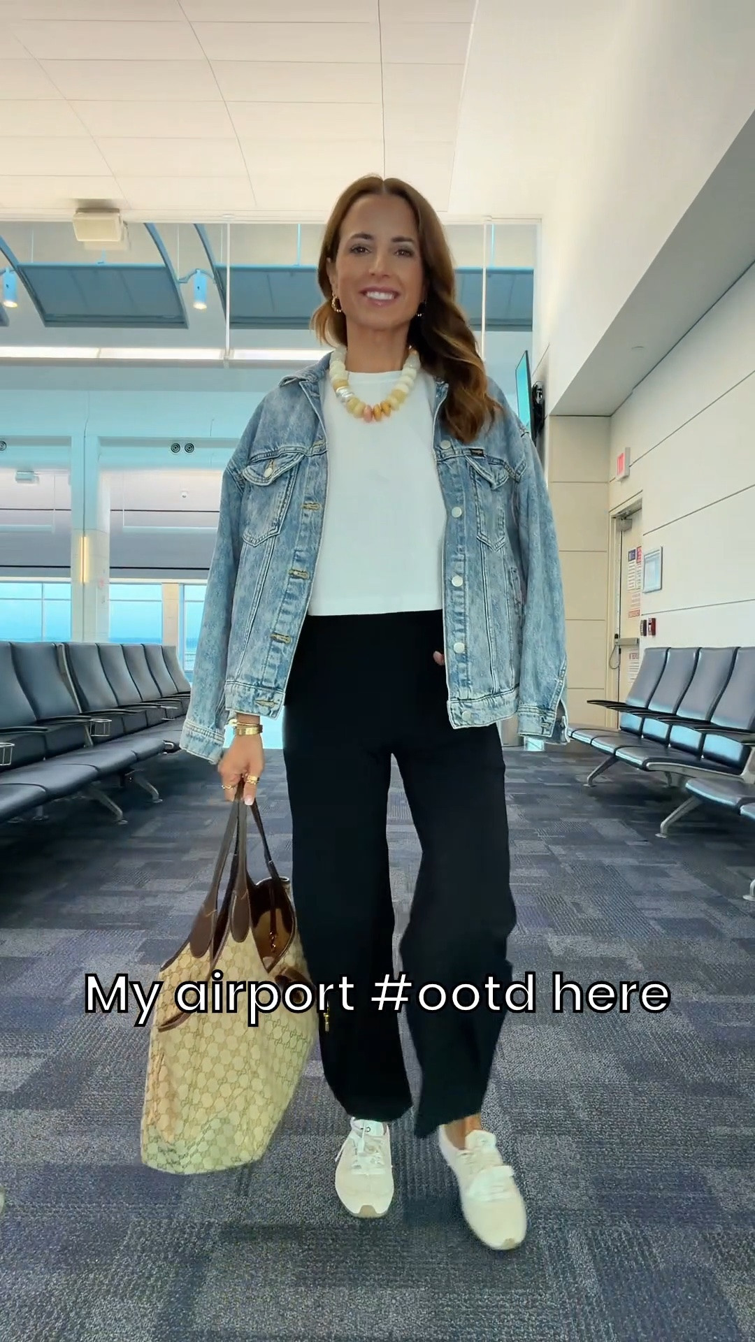 My travel outfit of the day! Airport outfit. Everyday outfit. Casual outfit. Ruti on the loose pants in size 0 standard (comes in petite and long, too). Code WELCOME45 on first time purchases. Wrinkle-free fabric! Will link Amazon alternative, too. Lululemon crop tee in XXS (doesn’t show any skin on me). Wrangler girlfriend denim jacket in XS. Alo mule sneakers are TTS and so comfy! Gucci mercato tote in size large.

#LTKootd #LTKTravel #LTKPetite