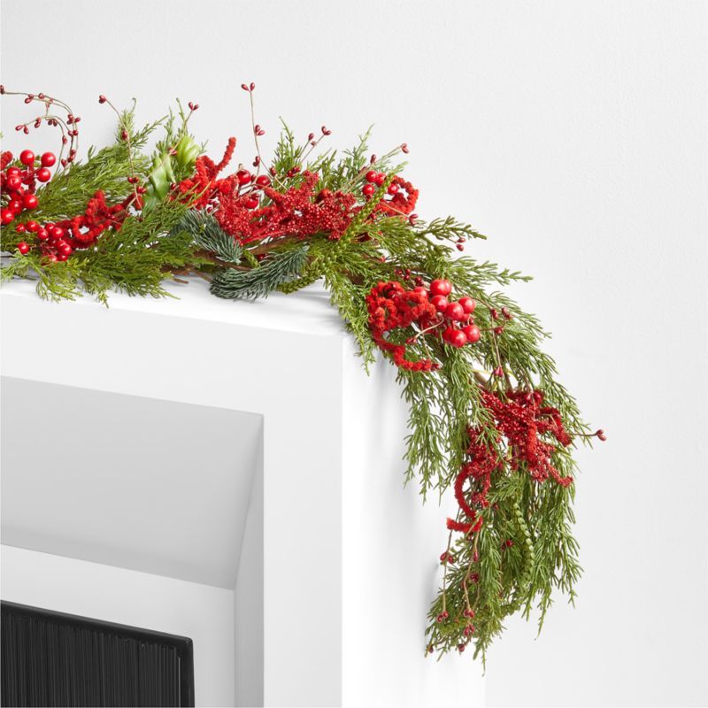 Faux Red Berry and Pine Garland 6' | Crate and Barrel | Crate & Barrel