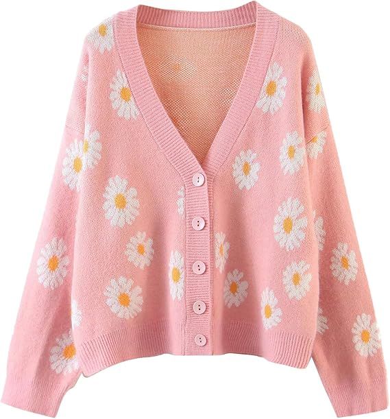 Womens Y2K Flower Pattern Long Sleeve Loose Knitwear Sweater V-Neck Button Down Knitted Cardigan | Amazon (US)