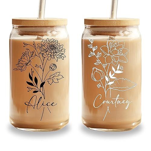 Personalized Name Glass Cup with Birth Flower - Custom Ice Coffee Bridesmaid Gift for Her, Friend... | Amazon (US)