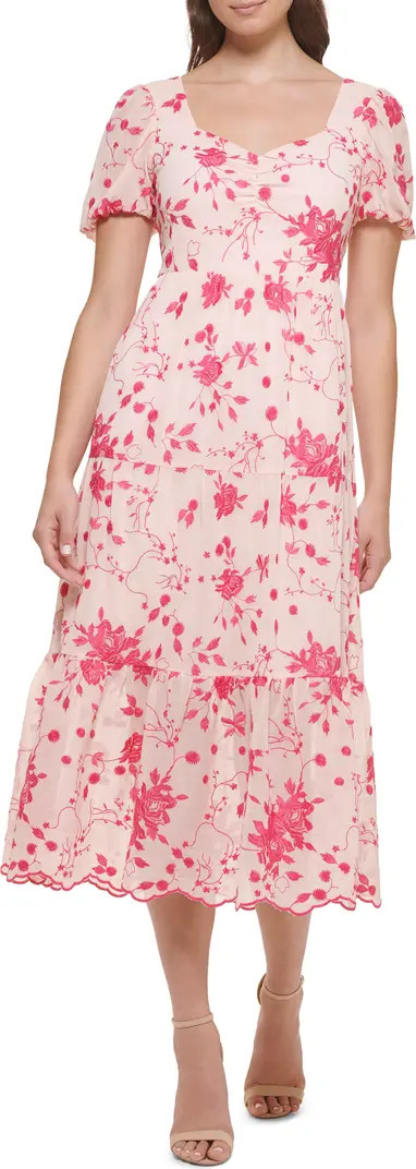 Floral Embroidered Puff Sleeve Chiffon Midi Dress | Nordstrom Rack