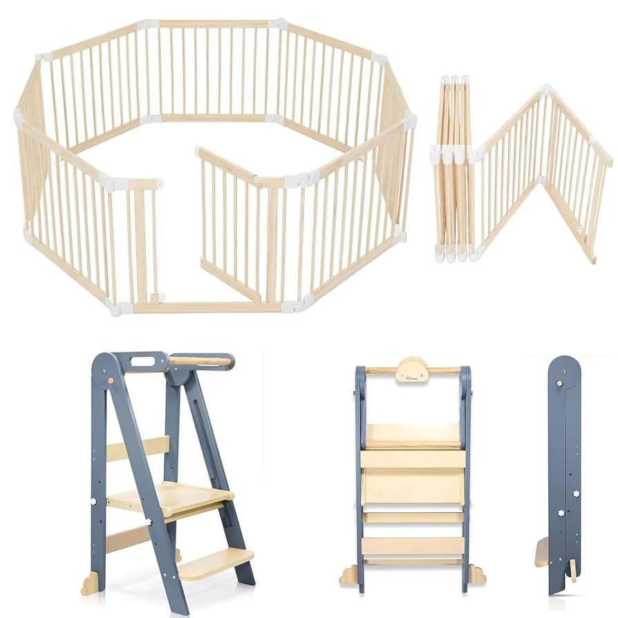 Foldable Wooden Baby Playpen Play Yard for Babies and Toddlers, Easy Folding Wood Step Stool for ... | Amazon (US)