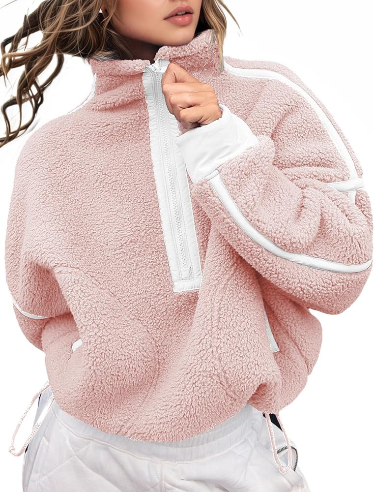 Women's Fleece Sweatshirts Half Zip Pullover Long Sleeve Oversized Workout Crop Tops Hoodie with ... | Amazon (US)
