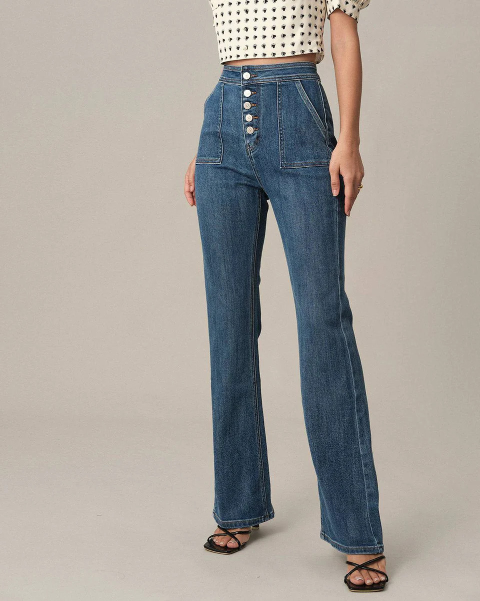 The Button-Up Flare Jeans - Women's High Waist Button Pocket Flare Jeans - Navy - Denim | RIHOAS | rihoas.com