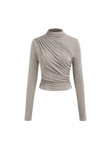 CIDER Stand Collar Ruched Long Sleeve Tee: Grey, XL | Amazon (US)