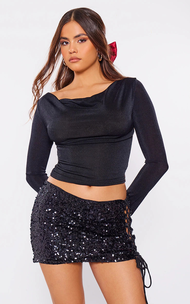 Black Acetate Slinky Long Sleeve Cowl Neck Top | PrettyLittleThing UK