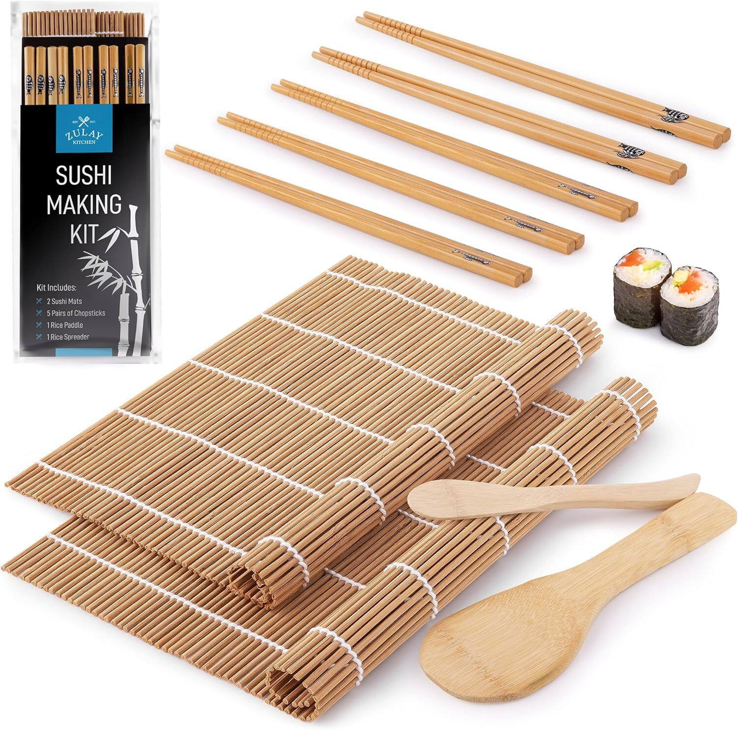 Zulay Kitchen - Sushi Making Kit For Beginners - Includes 2 Bamboo Sushi Mat, 5 Pairs Chopsticks, 1 Paddle, 1 Spreader - Brown | Best Buy U.S.