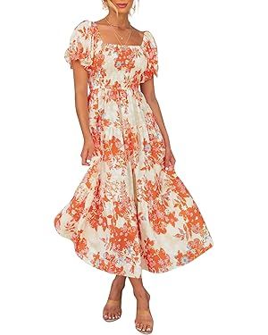 ZESICA Women's 2024 Summer Boho Floral Print Square Neck Ruffle Swing Beach Long Maxi Dress | Amazon (US)
