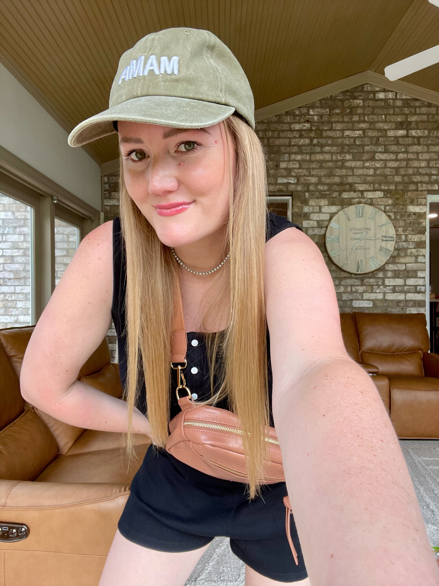 Easy summer outfit inspo. Love this romper so much. These black sandals are also so cute and so affordable! Mama baseball cap, black romper, black summer sandals, brown belt bag  

#LTKSummerSales #LTKSeasonal #LTKFindsUnder50