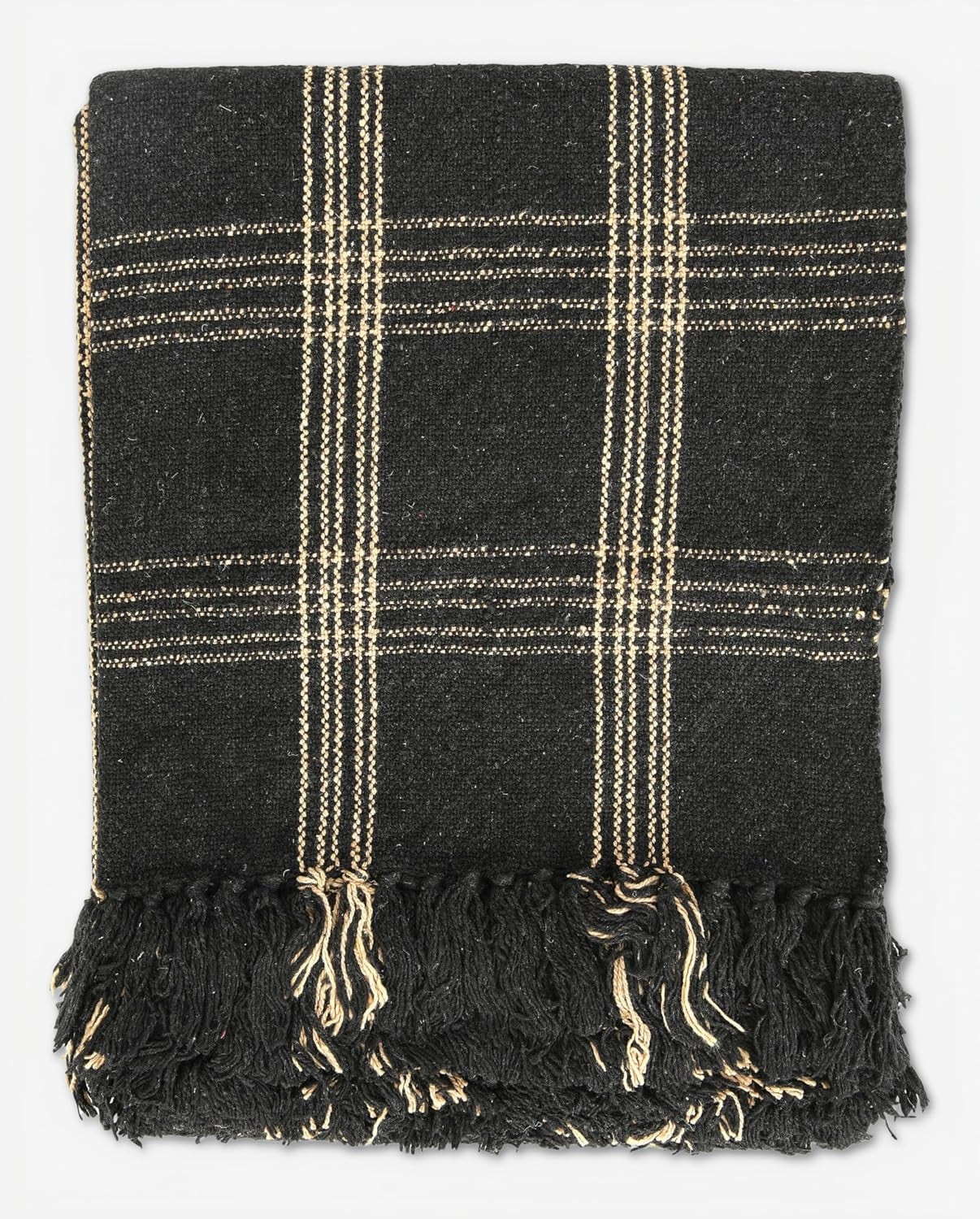 Plaid Black & Tan Fringed Woven Cotton Blend Throw | Amazon (US)