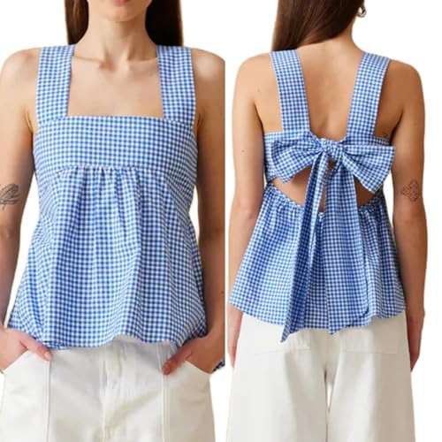 KOSUSANILL Y2k Gingham Tank Top Women Sleeveless Backless Square Neck Ruffle Peplum Babydoll Cami... | Amazon (US)