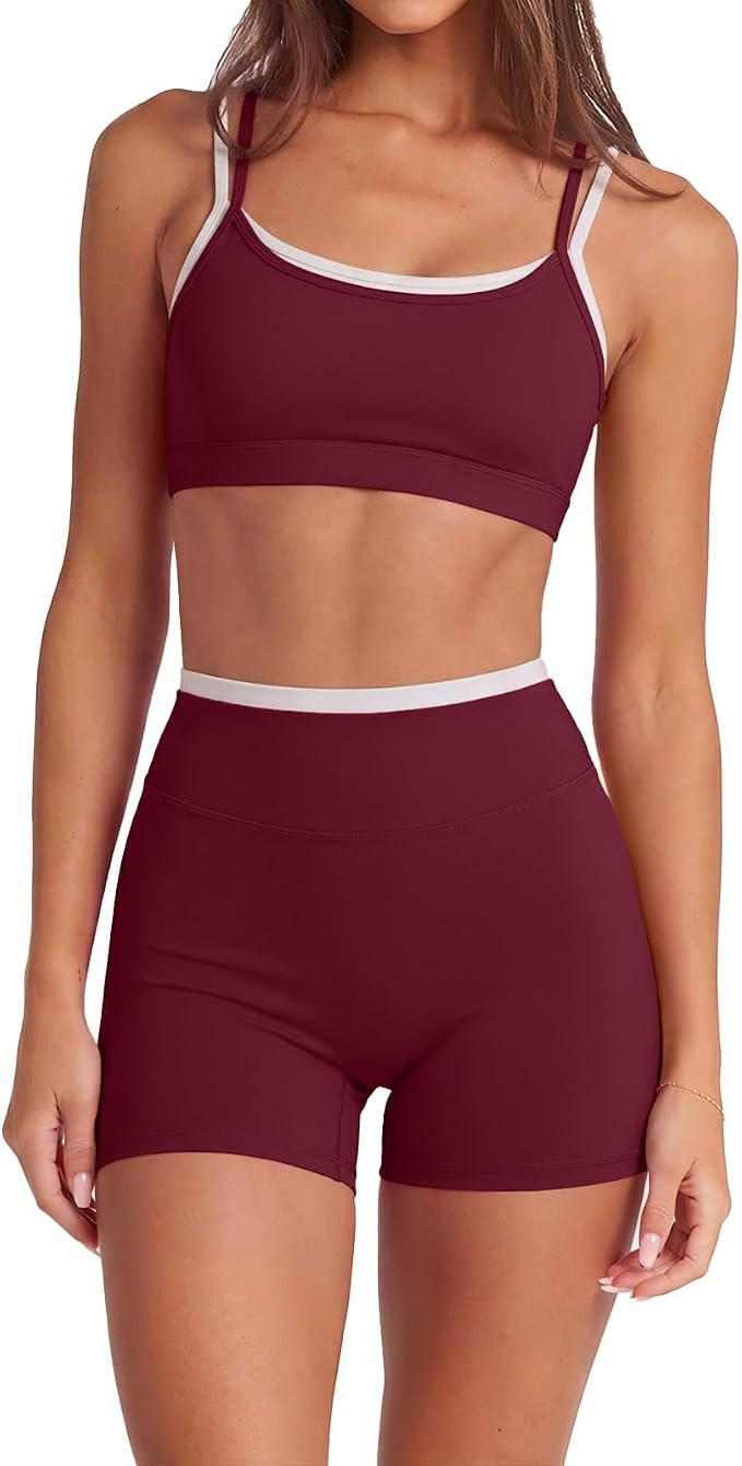 SUUKSESS Women 2 Pieces Workout Sets Padded Spaghetti Straps Camis High Waist Biker Shorts | Amazon (US)