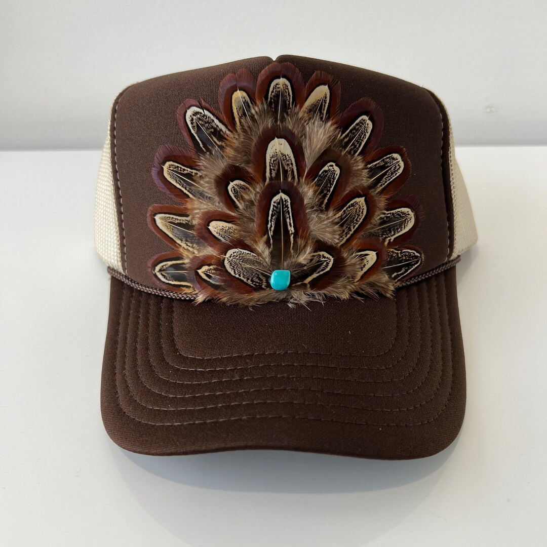 FEATHER Trucker Hat Western Cowgirl Rodeo Two Tone Turquoise Stone Brown and Khaki - Etsy | Etsy (US)