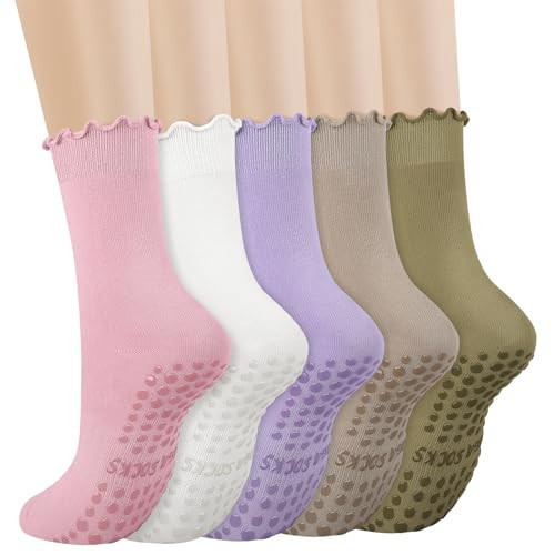 Ludaro 5 Pairs Ruffle Pilates Yoga Socks with Grips for Women, Cute Cotton Frilly Cuff Non Slip Grippy Athletic Crew Socks for Pilates, Yoga, Ballet, Barre, Dance, Hospital | Amazon (US)