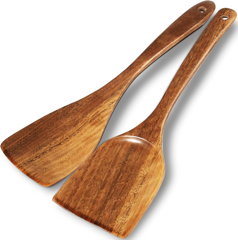 Wooden Spatulas, 2 PCs Natural Acacia Wooden Cooking Utensils Set for Non-stick Pan Kitchen Tool,... | Amazon (US)