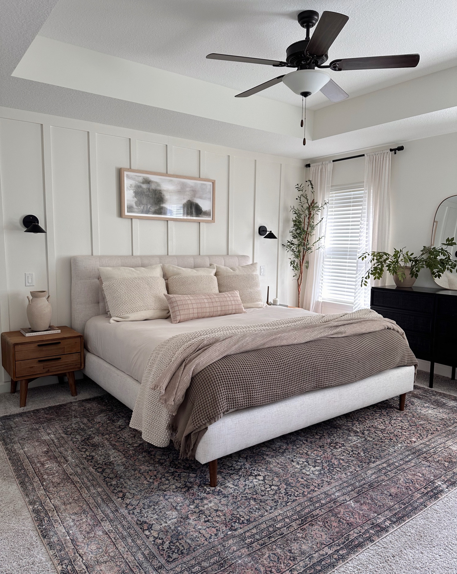 Bedroom furniture 
Bedroom decor 
Bedroom rug 
Bedding 
Throw pillows 
Pillow covers 
Side tables 
Upholstered bed 
Faux olive tree 

#LTKhome