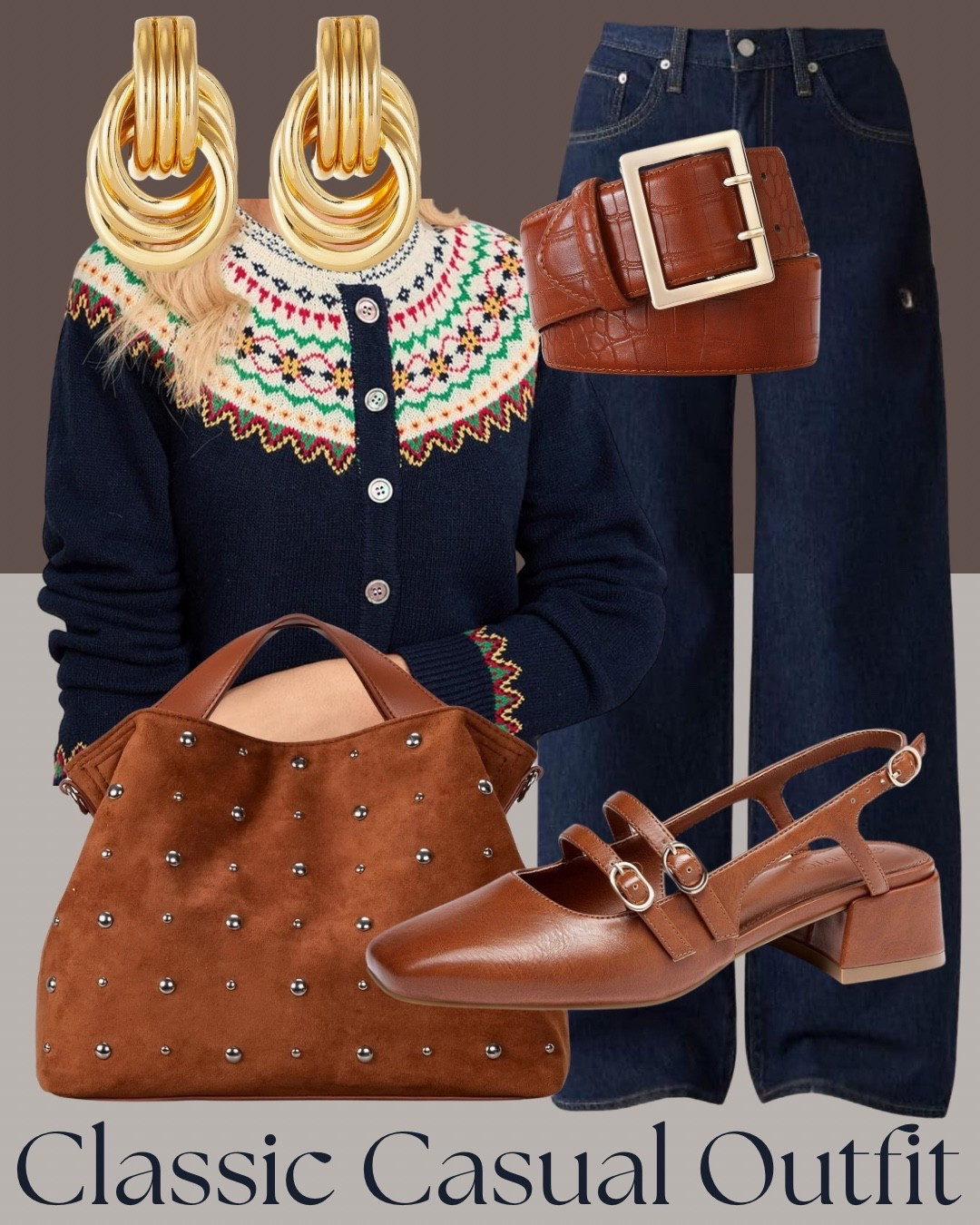Classic casual outfit with fair isle cardigan and dark wash jeans. Cozy knit cardigan styled with straight leg jeans, statement gold hoop earrings, a structured brown belt, suede studded handbag, and comfortable block heel slingback shoes for an easy everyday outfit that feels polished but relaxed.

#LTKStyle #LTKOutfit #LTKFinds #LTKClassic #LTKFallStyle #LTKNeutralStyle

#LTKootd