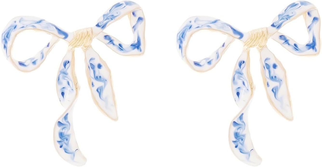 Bow Earrings for Women Gold Plated Vintage Elegant Enamel Blue and White Porcelain Ribbon Bowknot... | Amazon (US)