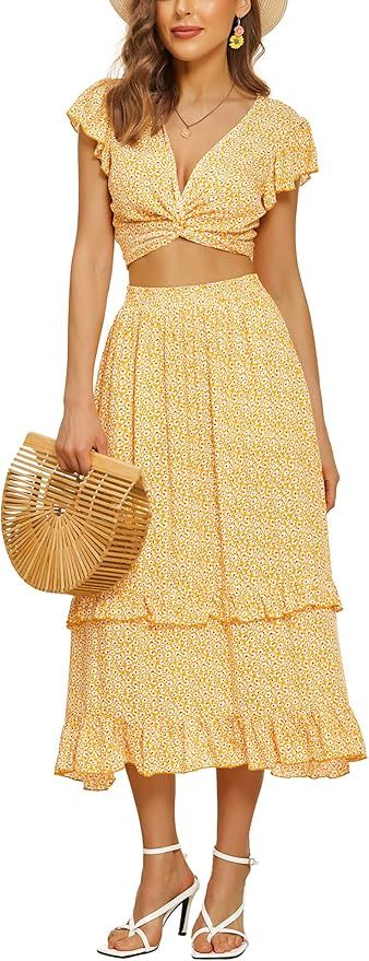 Hotouch Women 2 Piece Outfit Dress Floral Self Tie Knot Crop Top and Midi Skirt Set with Pocket | Amazon (US)