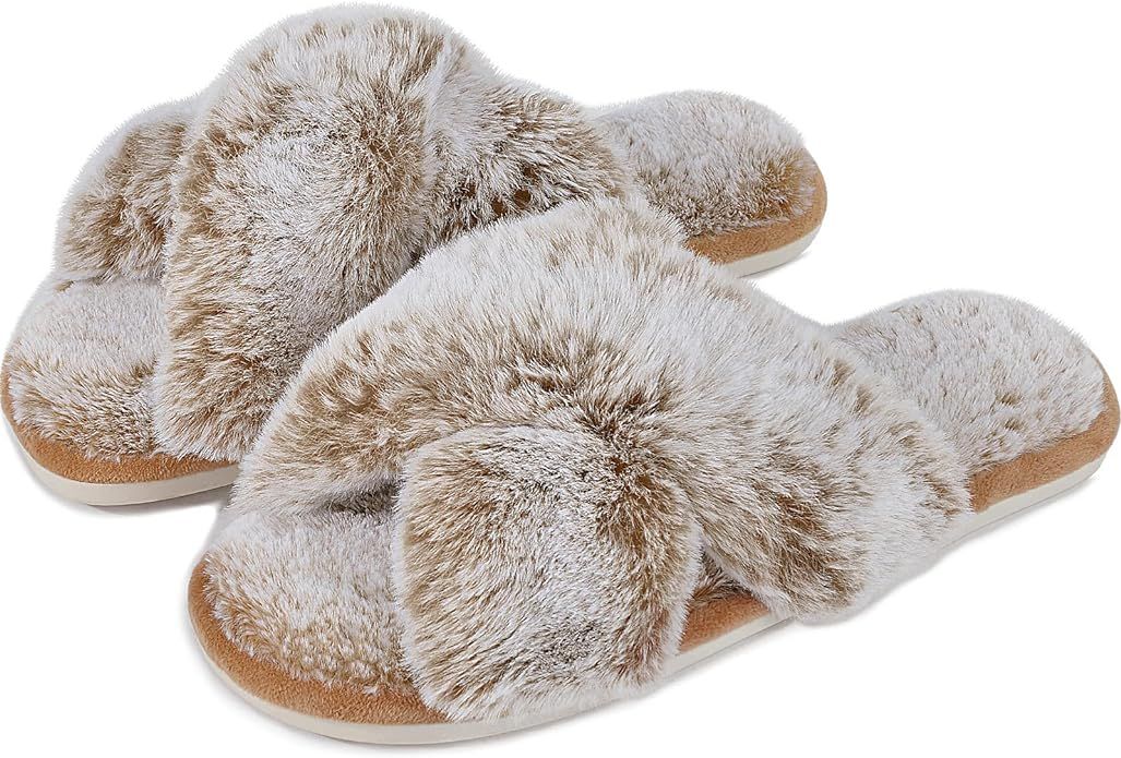 Womens Cross Band Slippers Cozy Furry Fuzzy House Slippers Open Toe Fluffy Indoor Shoes Outdoor S... | Amazon (US)