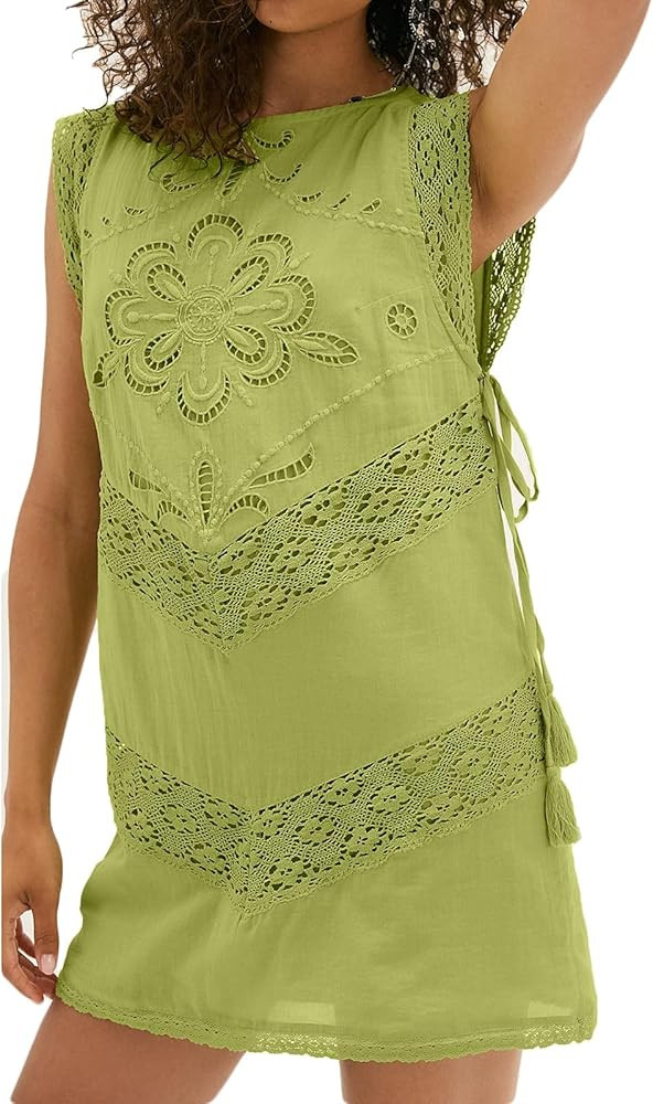 Womens Sleeveless Tie Side Embroidered Mini Dress Y2k Boho Cut Hollow Out Lace Trim Slip Midi Sho... | Amazon (US)