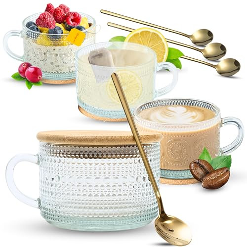 Scoozee Vintage Glass Coffee Mugs (4Pcs, 14oz), Overnight Oats Containers with Lids and Spoons, Clear Embossed Glass Cups | Coffee Bar Accessories, Gifts for Women, White Elephant Gifts | Amazon (US)