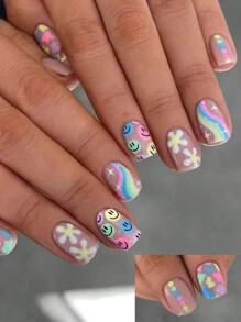 Instantly Upgrade Your Look With 24pcs Short Square Fake Nails Smile Face, Rainbow Press On Nails... | SHEIN