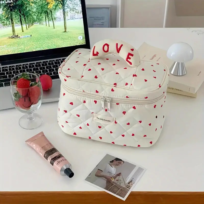1pc Cotton Heart Print Makeup Bag, Lovely Cosmetic Travel Pouch, Stylish Toiletry Organizer, Port... | Temu Affiliate Program