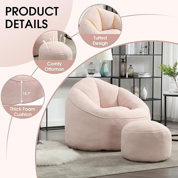 Bean Bag Chair for Adult, Microfiber Upholstered Bean Bag Sofa with Petal Back, Shell-Shaped Bean... | Amazon (US)