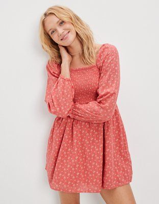 AE Smocked Tiered Long-Sleeve Mini Dress | American Eagle Outfitters (US & CA)