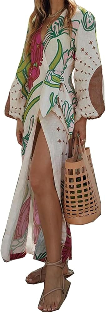 Qikaka Women's Long Puff Sleeve Deep V Neck Tied Waist Printed Bodycon Sexy Nightclub Party Dress | Amazon (US)