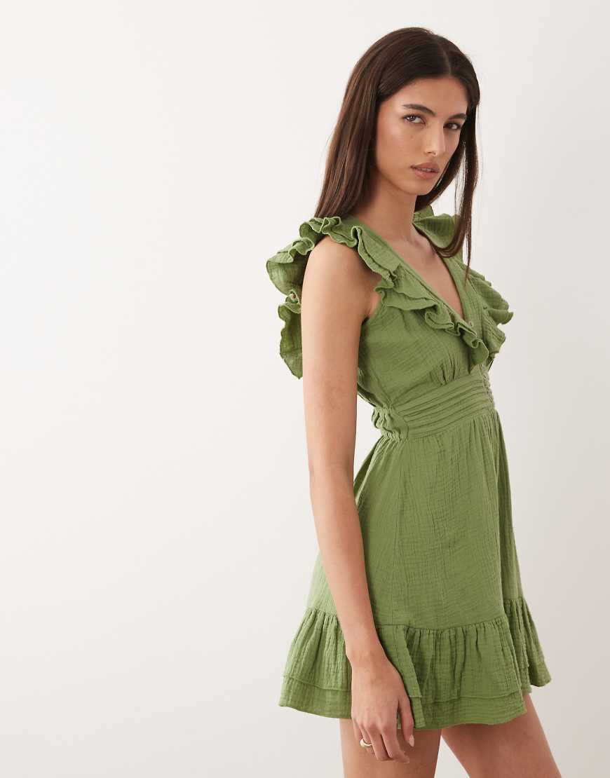 Wednesday's Girl ruffle edged mini dress in green | ASOS (Global)